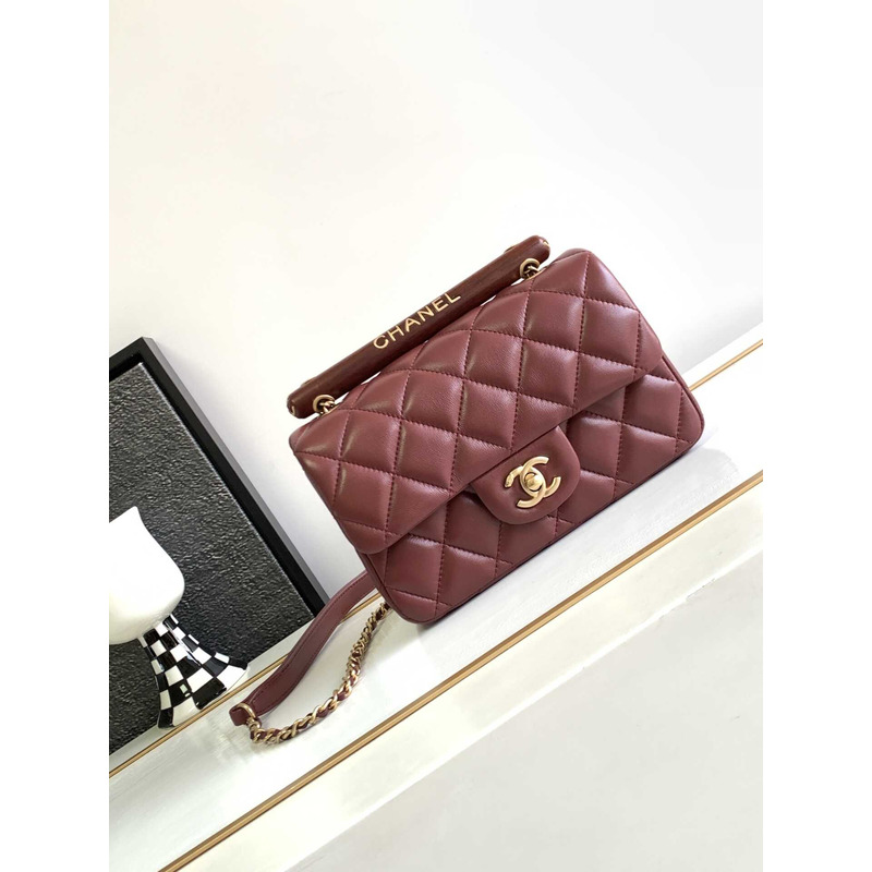 Ch*el small handle flap bag lambskin wood gold-tone metal burgundy