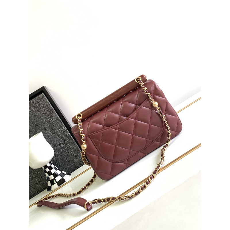 Ch*el small handle flap bag lambskin wood gold-tone metal burgundy