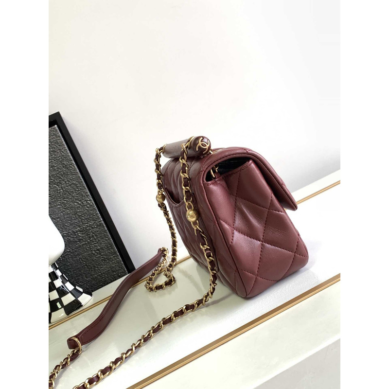 Ch*el small handle flap bag lambskin wood gold-tone metal burgundy