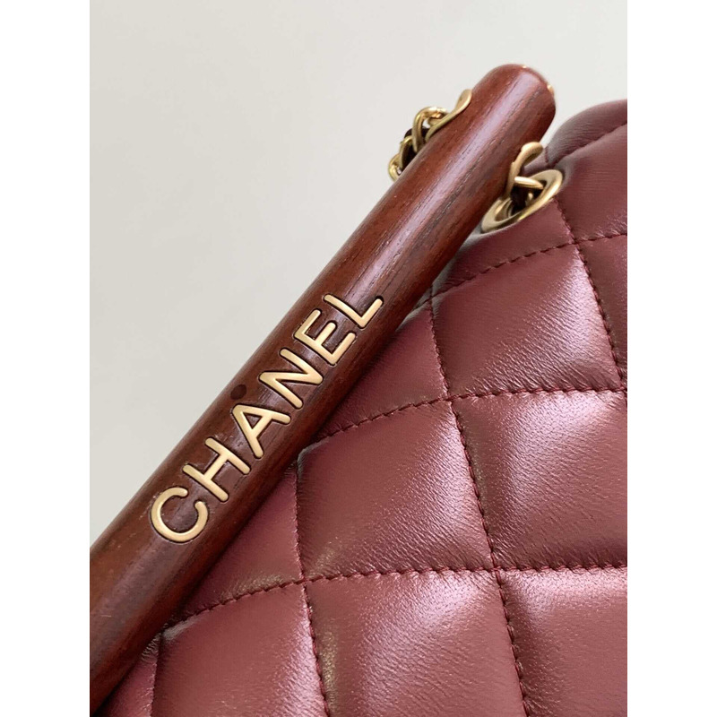 Ch*el small handle flap bag lambskin wood gold-tone metal burgundy