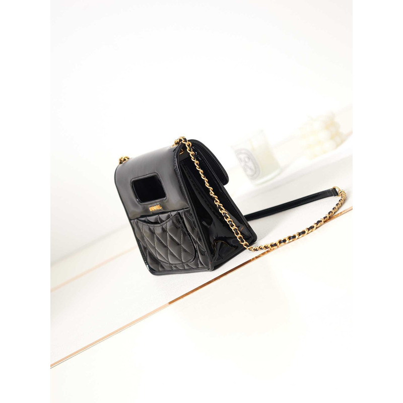 Ch*el mini flap bag with handle patent calfskin & black-tone metal black