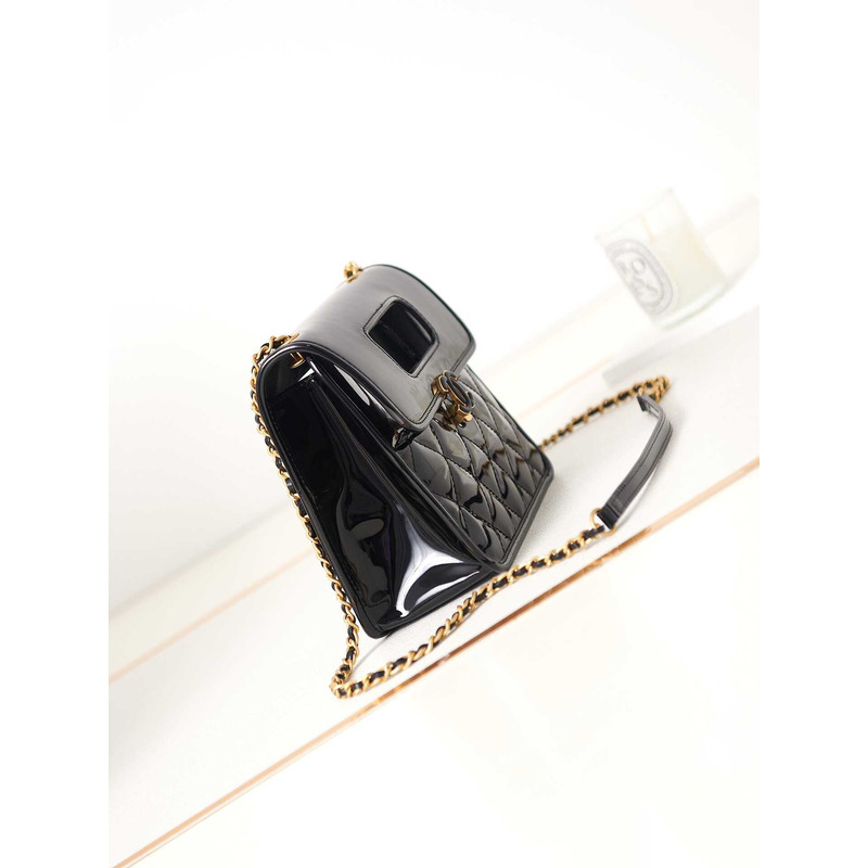 Ch*el mini flap bag with handle patent calfskin & black-tone metal black