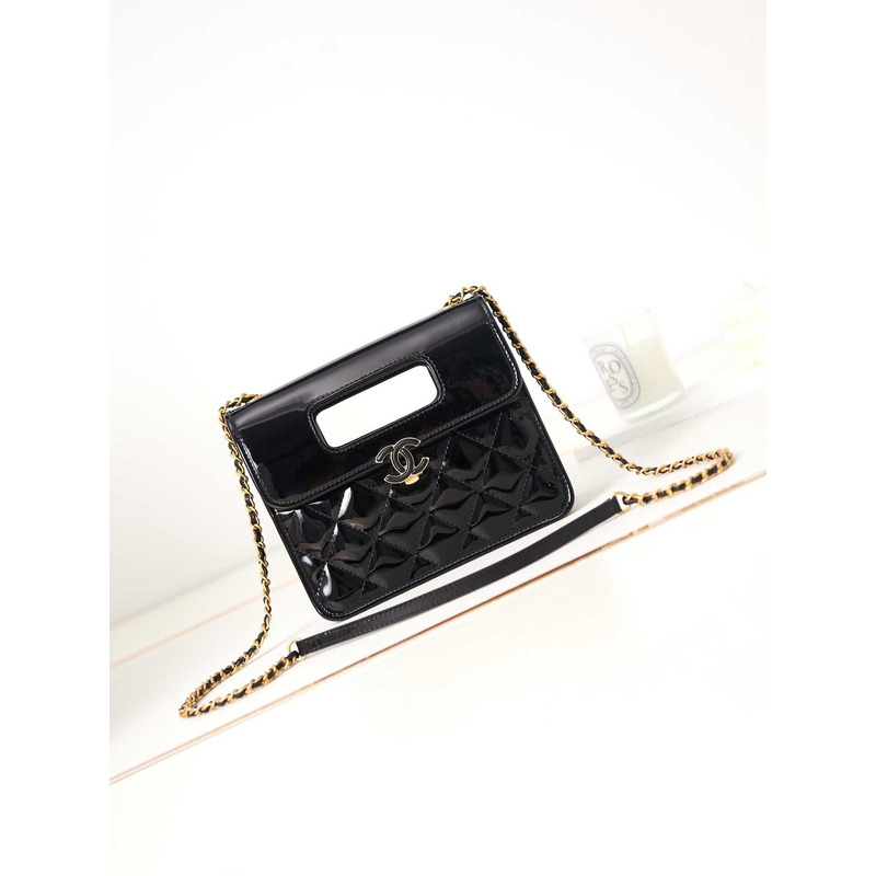 Ch*el mini flap bag with handle patent calfskin & black-tone metal black