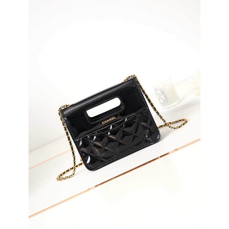 Ch*el mini flap bag with handle patent calfskin & black-tone metal black