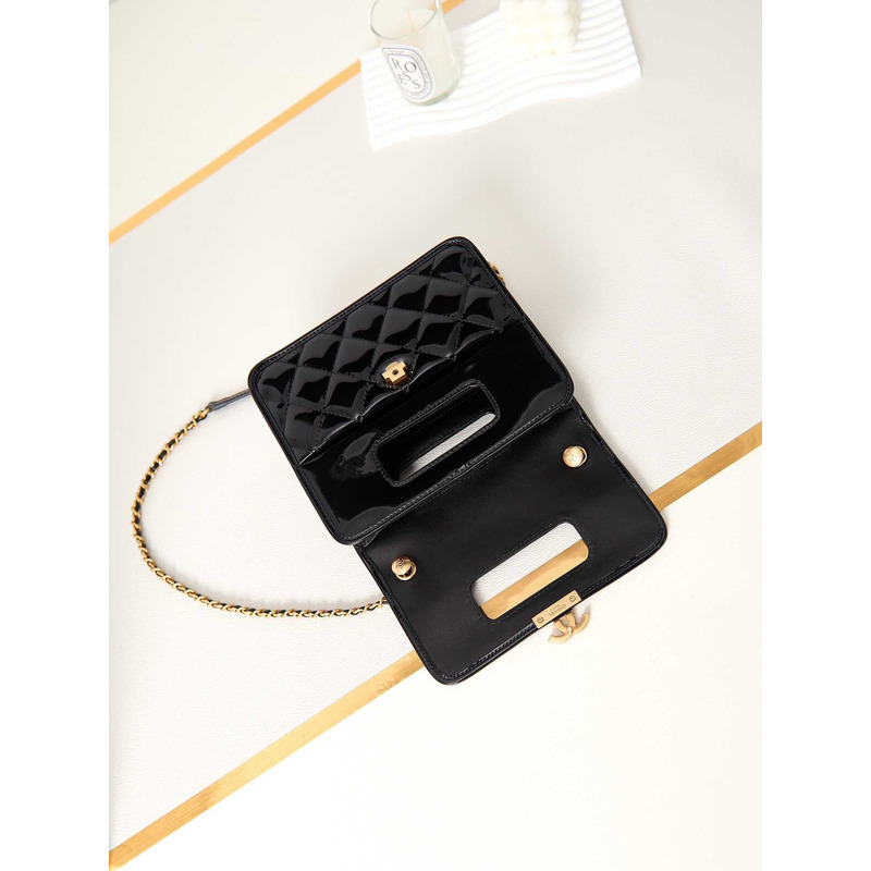 Ch*el mini flap bag with handle patent calfskin & black-tone metal black