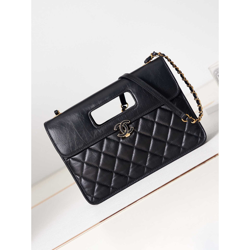 Ch*el mini flap bag with handle calfskin & gold-tone metal black