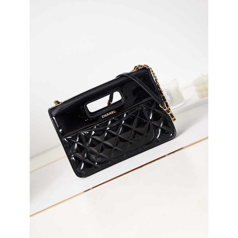 Ch*el mini flap bag with handle patent calfskin & gold-tone metal black