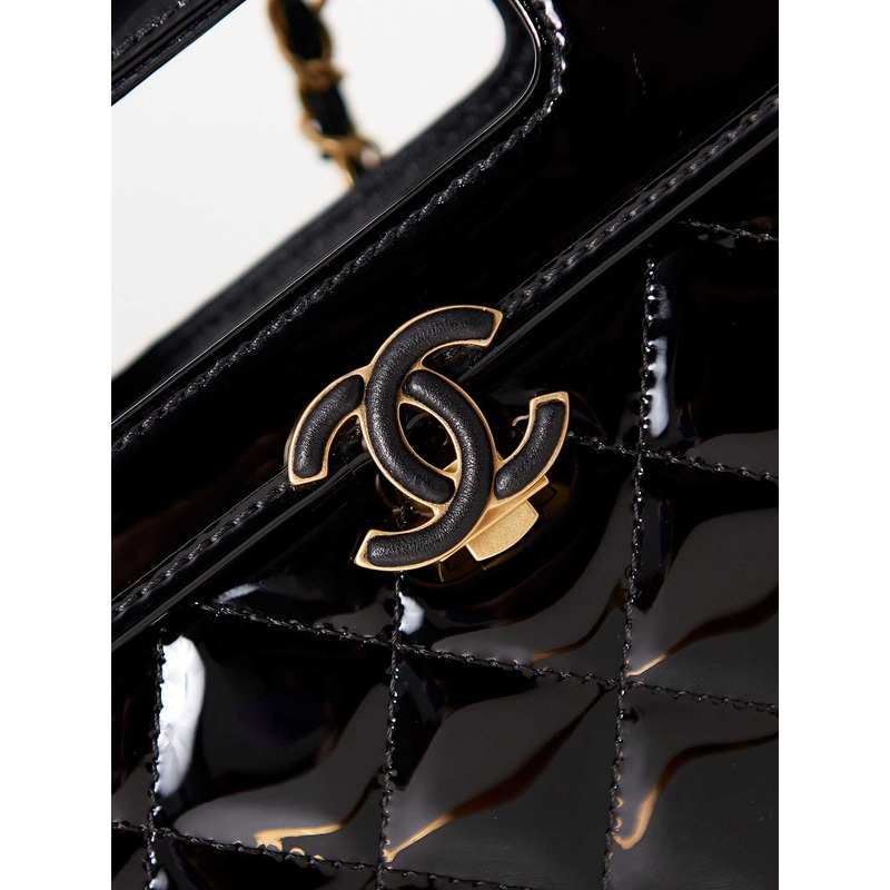 Ch*el mini flap bag with handle patent calfskin & gold-tone metal black