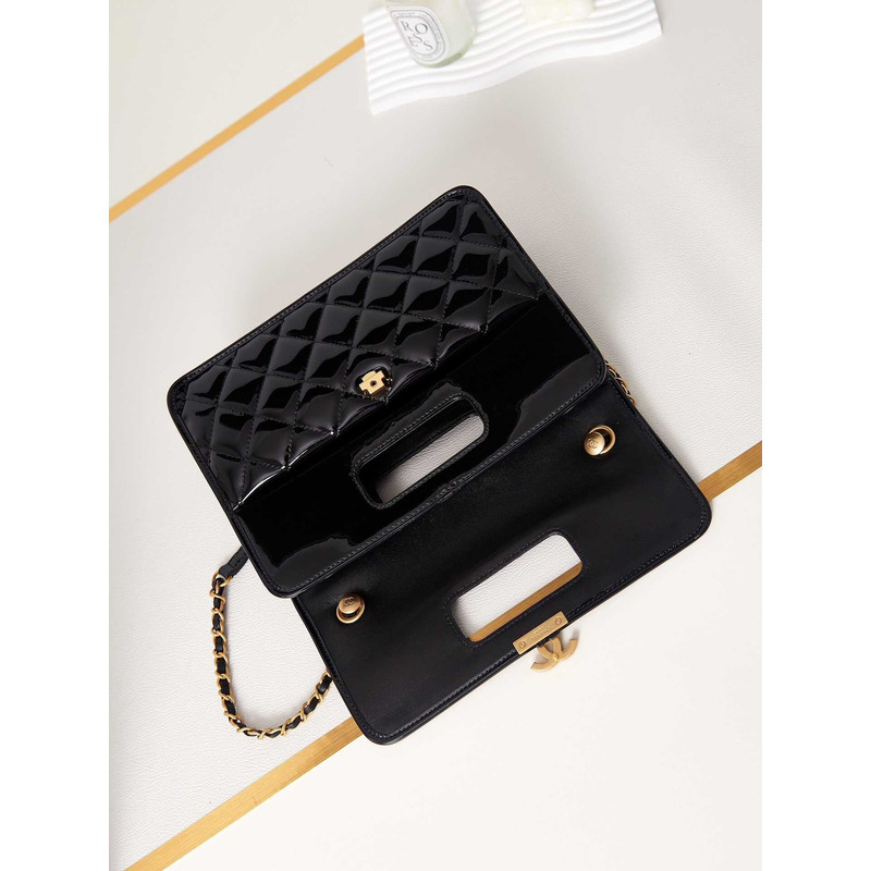 Ch*el mini flap bag with handle patent calfskin & gold-tone metal black