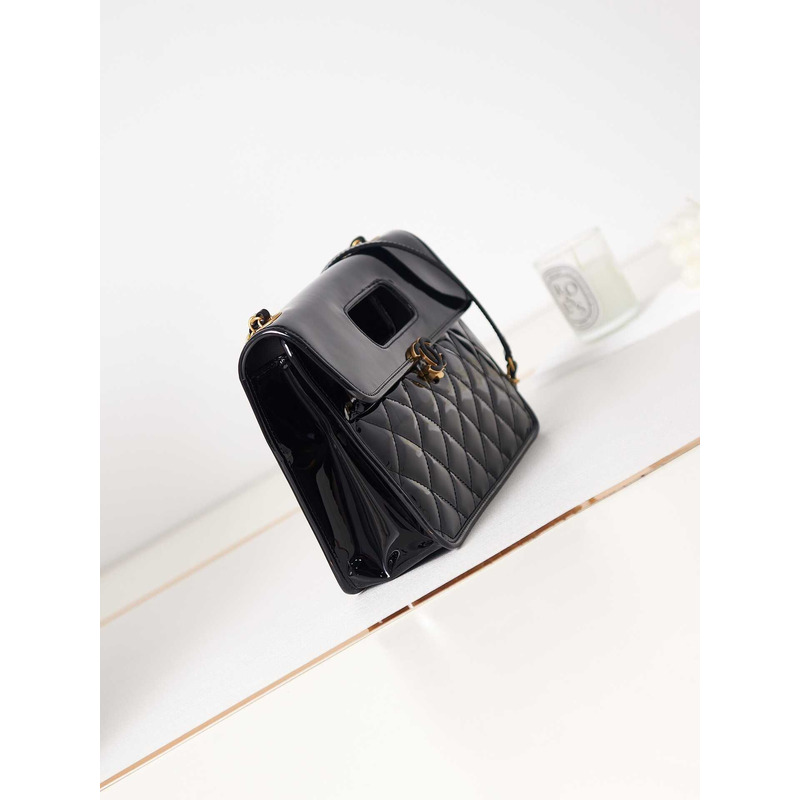 Ch*el mini flap bag with handle patent calfskin & gold-tone metal black