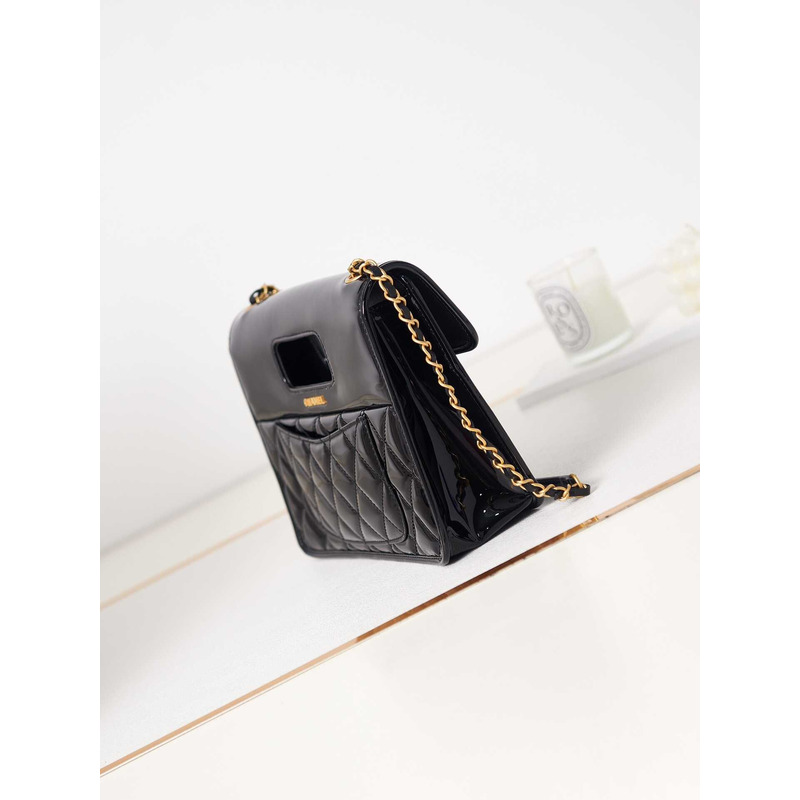 Ch*el mini flap bag with handle patent calfskin & gold-tone metal black