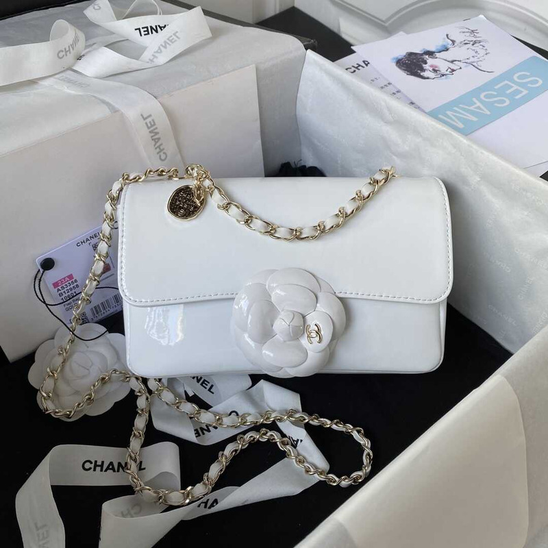 Ch*el 2023 patent leather camellia catwalk style chain bag white