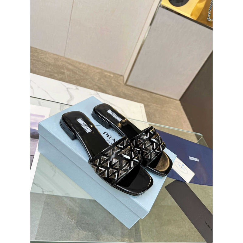 Pra*a leather studded metallic slides black