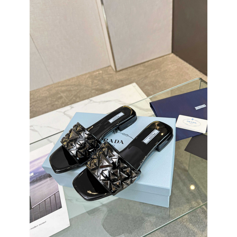 Pra*a leather studded metallic slides black