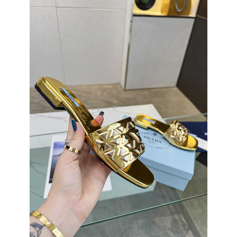 Pra*a leather studded metallic slides gold