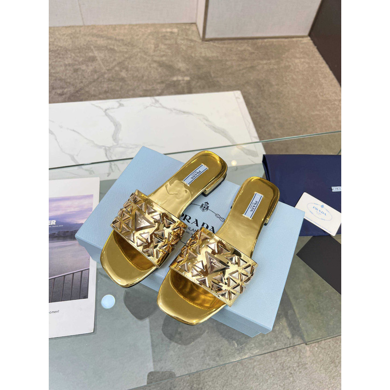 Pra*a leather studded metallic slides gold