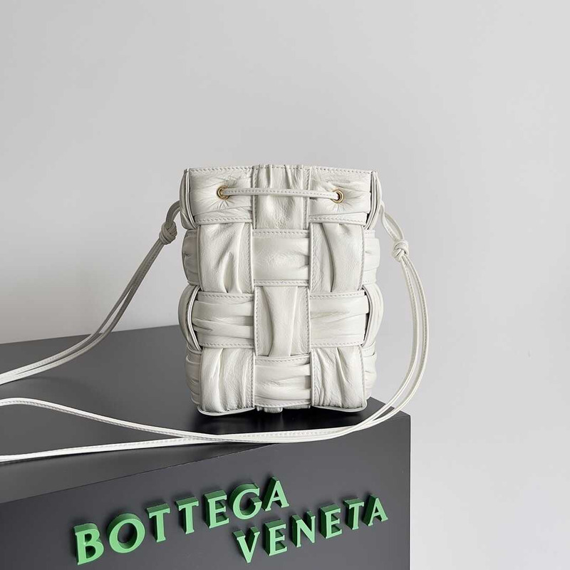 Bo*te*ga ve*ne*ta small sheepskin cassette bucket bag white