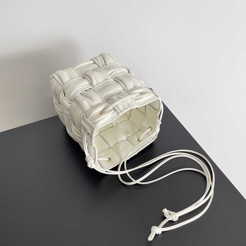 Bo*te*ga ve*ne*ta small sheepskin cassette bucket bag white