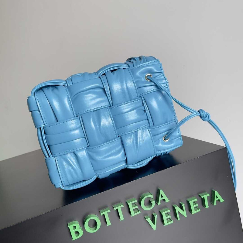 Bo*te*ga ve*ne*ta small sheepskin cassette bucket bag blue