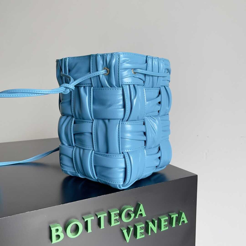 Bo*te*ga ve*ne*ta small sheepskin cassette bucket bag blue