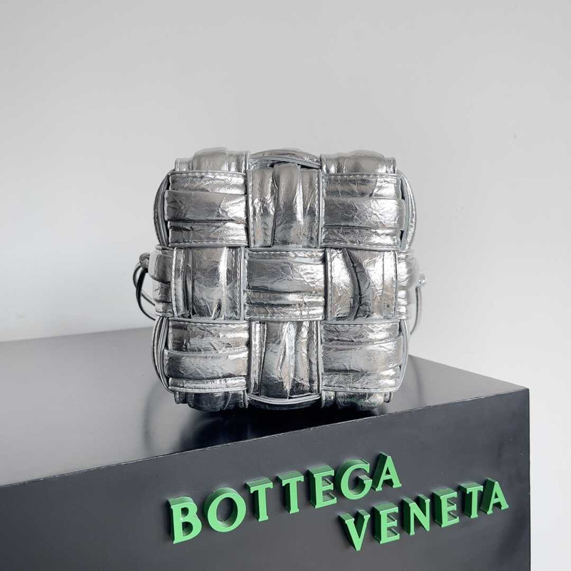 Bo*te*ga ve*ne*ta small sheepskin cassette bucket bag silver