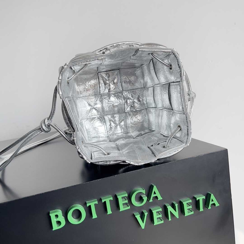 Bo*te*ga ve*ne*ta small sheepskin cassette bucket bag silver