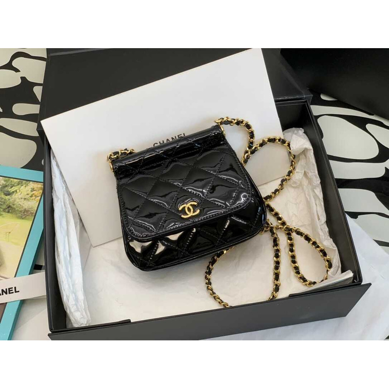 Ch*el 22k patent calfskin leather mini bag black