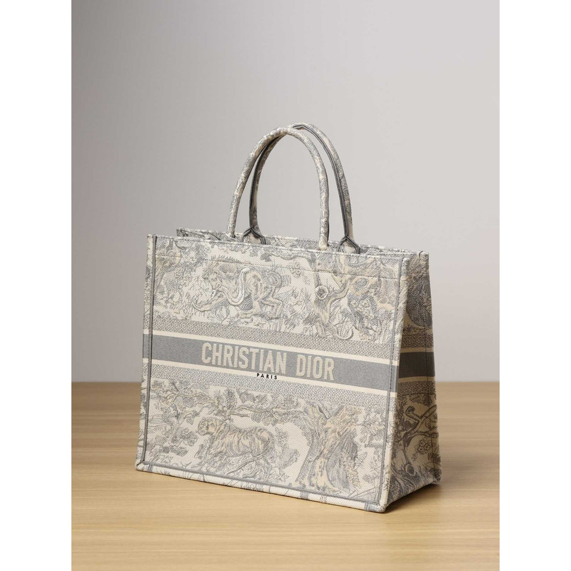 D*or large D*or book tote ecru and gray toile de jouy embroidery