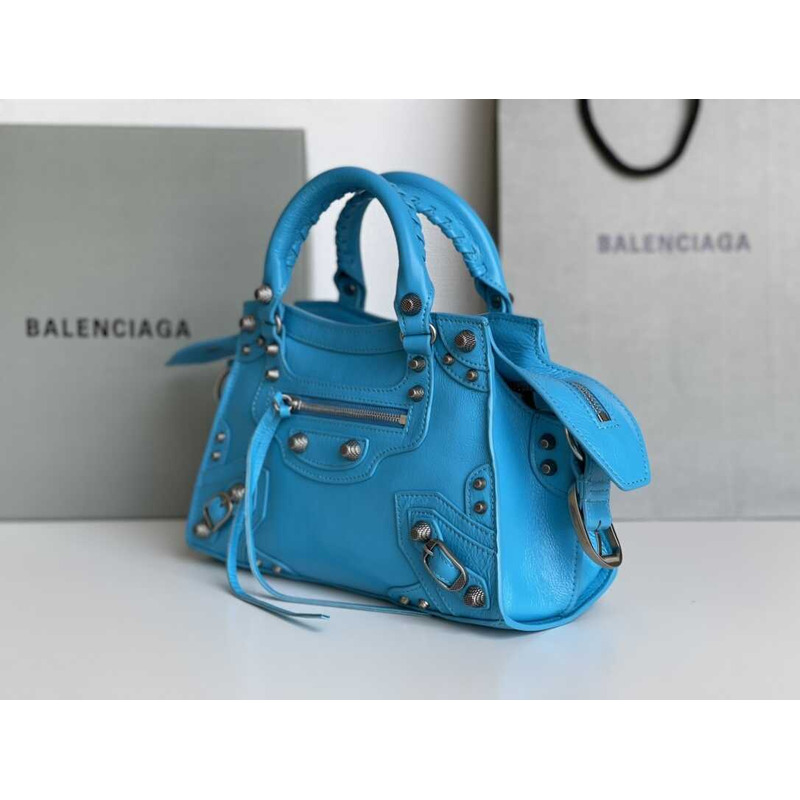 Ba*len*cia*ga azur grained calfskin mini neo clasic bag blue