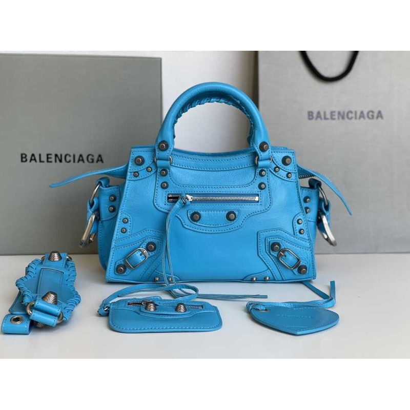 Ba*len*cia*ga azur grained calfskin mini neo clasic bag blue