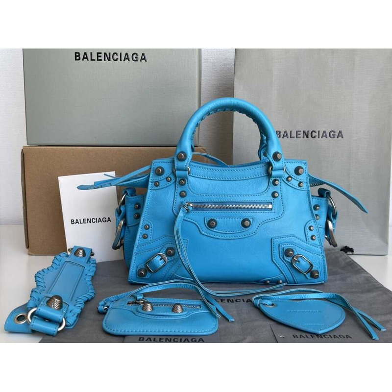 Ba*len*cia*ga azur grained calfskin mini neo clasic bag blue