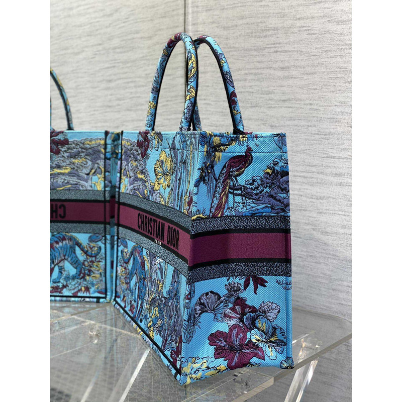 D*or book tote bag space blue fabric with multicolor voyage jouy print embroidery