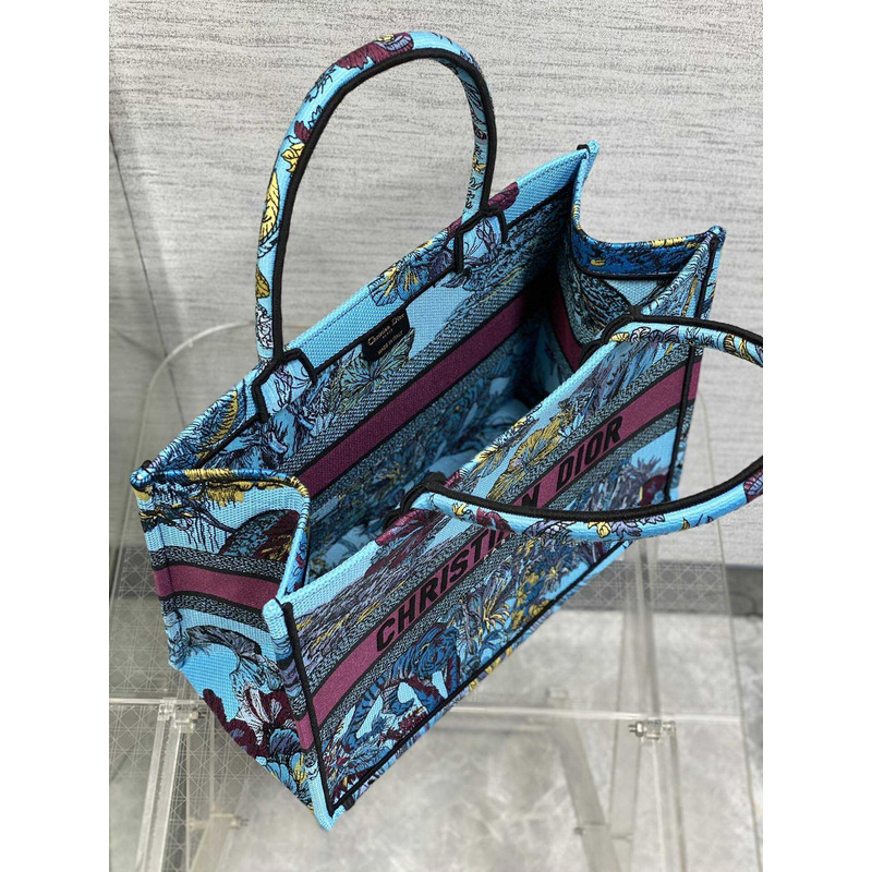 D*or medium book tote bag space blue fabric with multicolor voyage jouy print embroidery