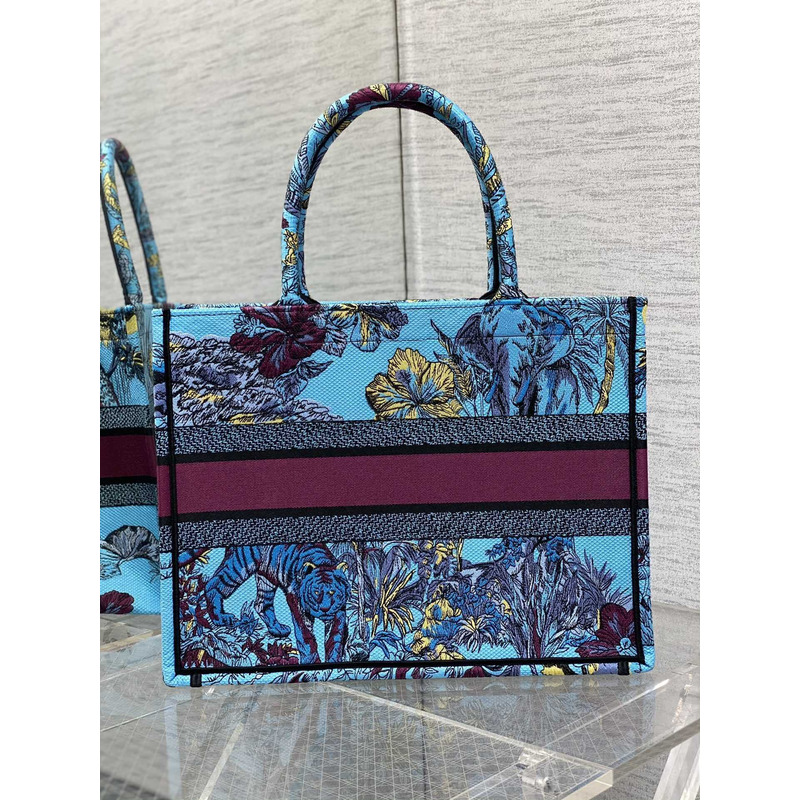 D*or medium book tote bag space blue fabric with multicolor voyage jouy print embroidery