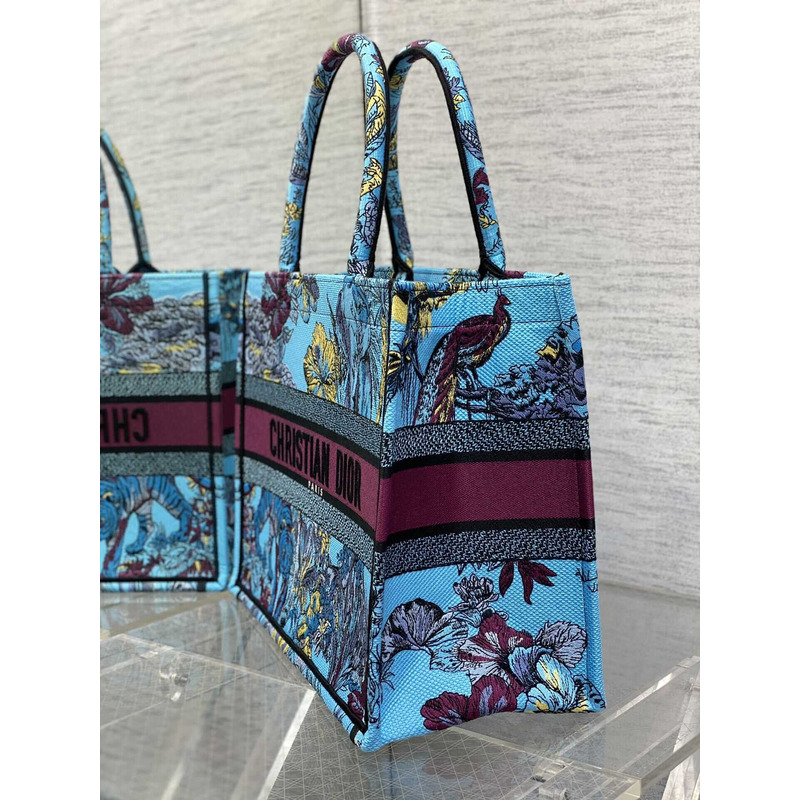 D*or medium book tote bag space blue fabric with multicolor voyage jouy print embroidery