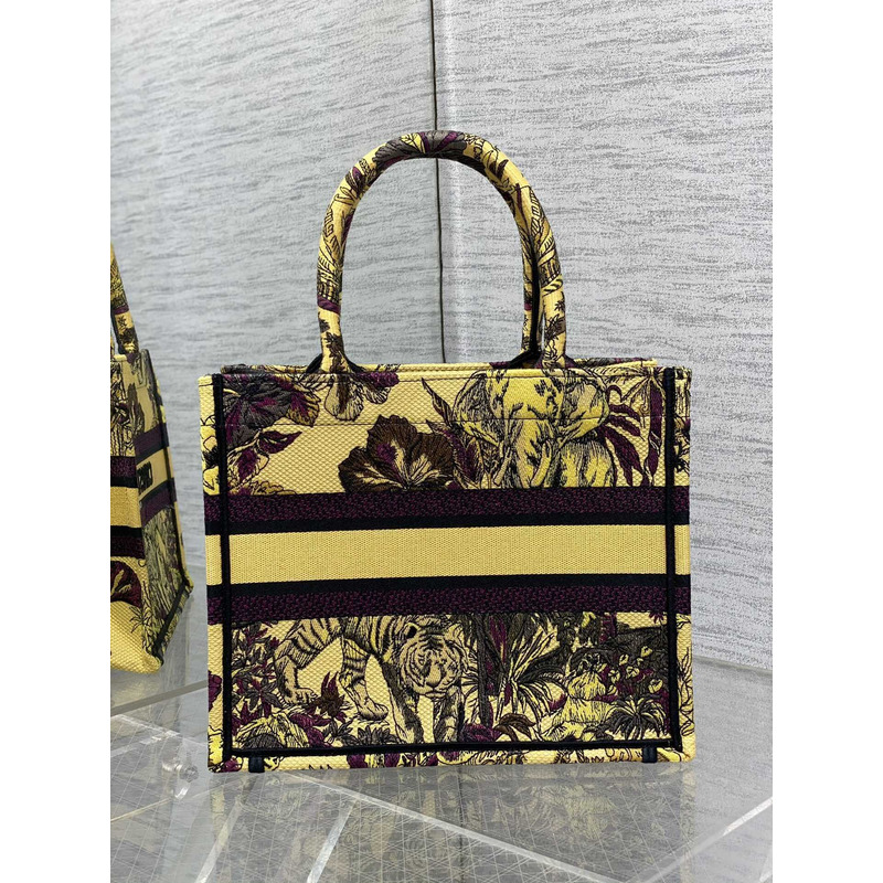 D*or small book tote bag multicolour voyage jouy print embroidery on yellow fabric