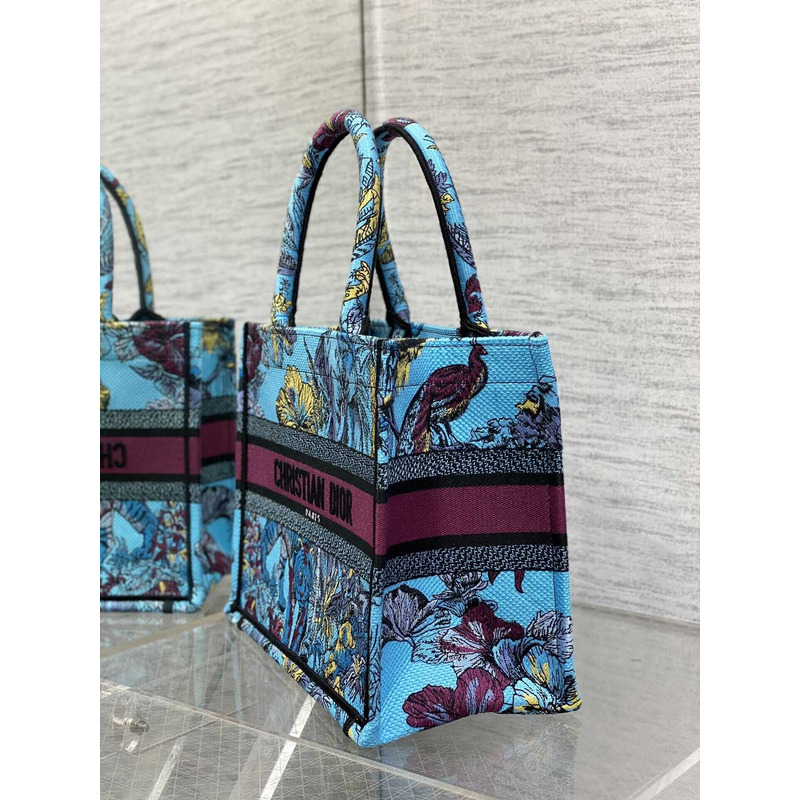 D*or small book tote bag space blue fabric with multicolor voyage jouy print embroidery