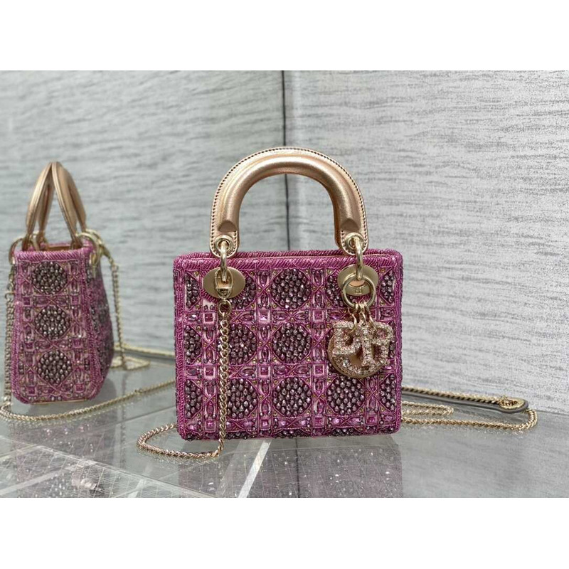 D*or mini lady D*or bag metallic calfskin and satin rose pink resin bead embroidery