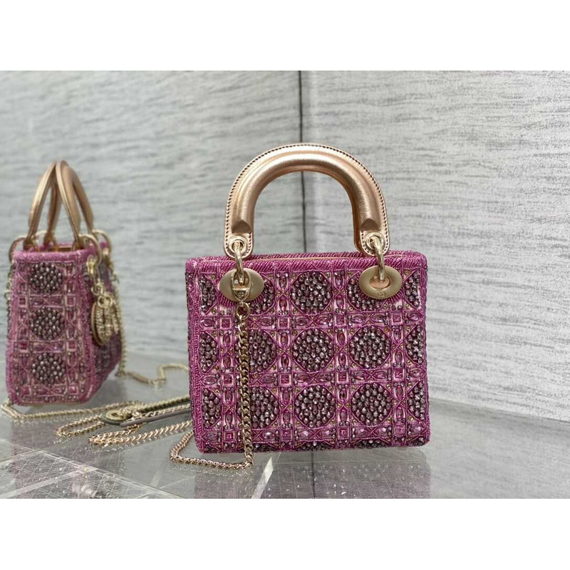 D*or mini lady D*or bag metallic calfskin and satin rose pink resin bead embroidery