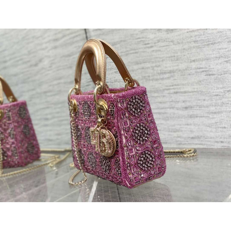 D*or mini lady D*or bag metallic calfskin and satin rose pink resin bead embroidery