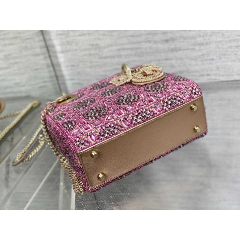 D*or mini lady D*or bag metallic calfskin and satin rose pink resin bead embroidery