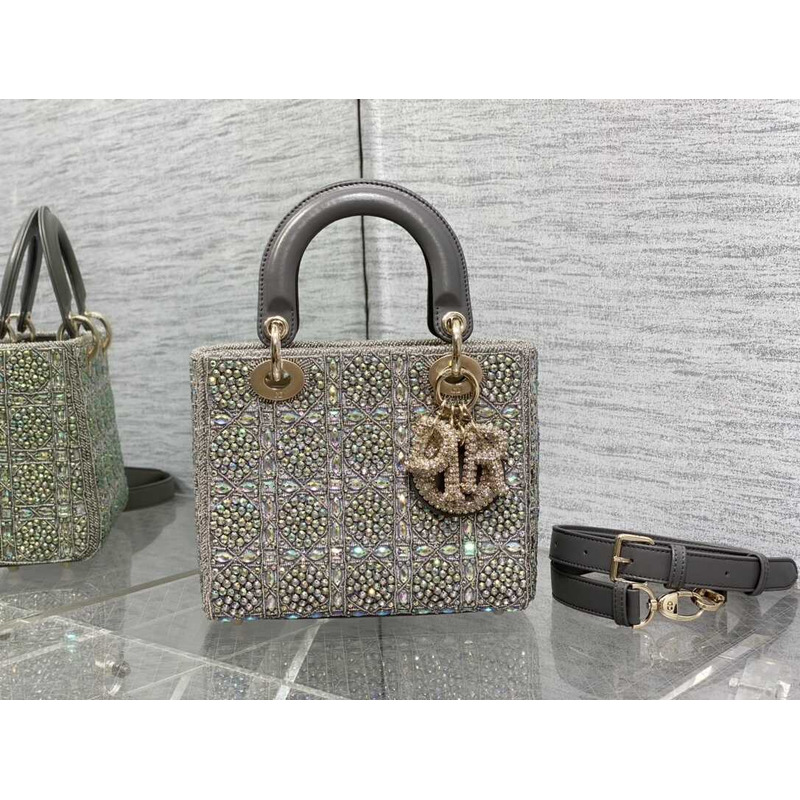 D*or mini lady D*or bag metallic calfskin and satin grey resin bead embroidery