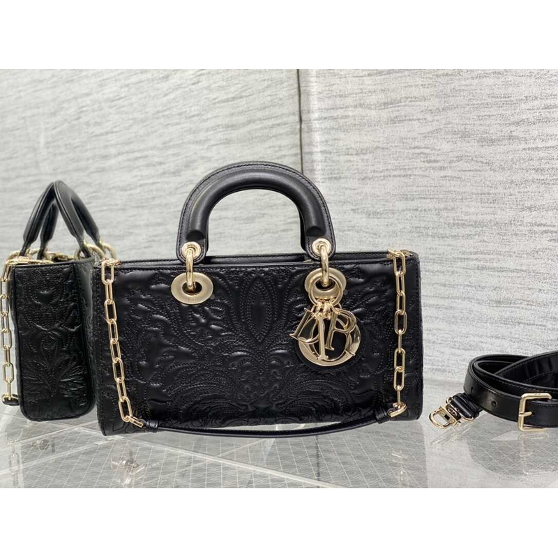 D*or medium lady d-joy bag black lambskin with ornamental motif