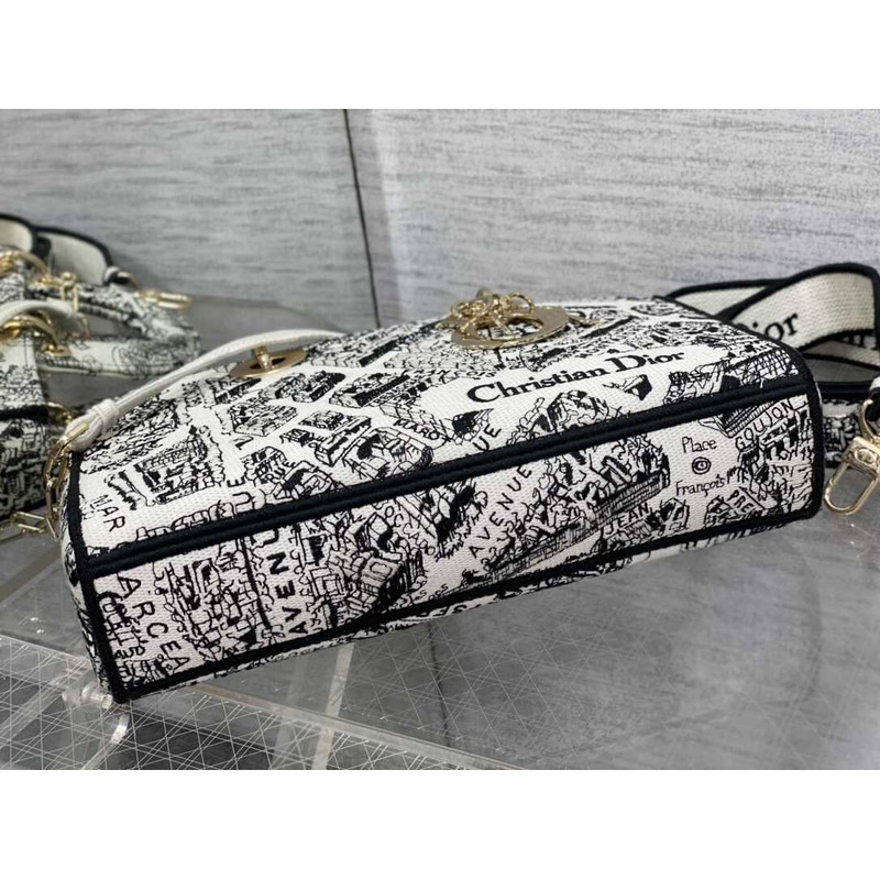 D*or medium lady d-joy bag full black and white plan de paris embroidery pattern