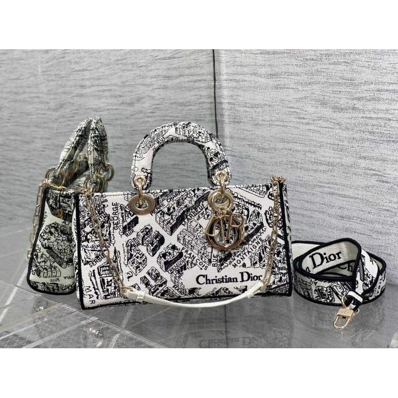 D*or medium lady d-joy bag full black and white plan de paris embroidery pattern