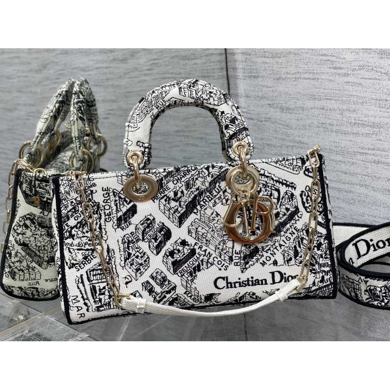 D*or medium lady d-joy bag full black and white plan de paris embroidery pattern