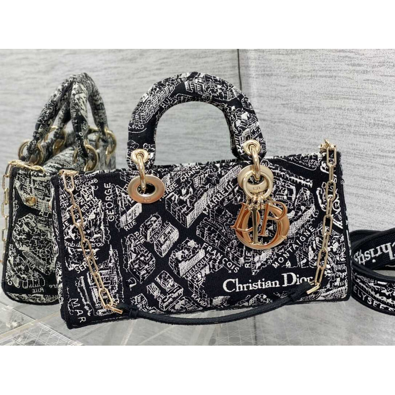 D*or medium lady d-joy bag full black and white plan de paris embroidery pattern