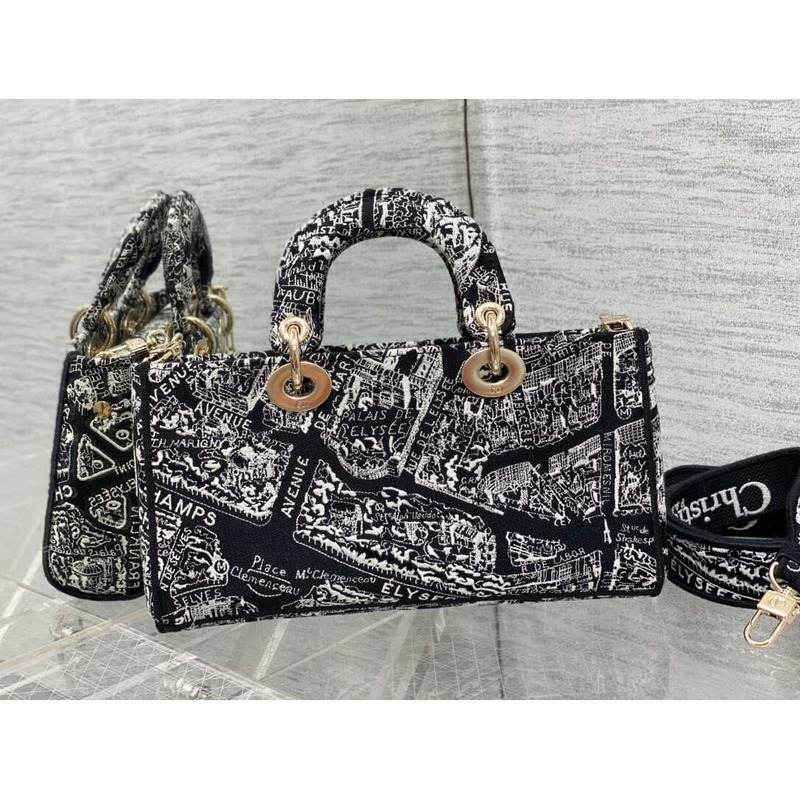 D*or medium lady d-joy bag full black and white plan de paris embroidery pattern