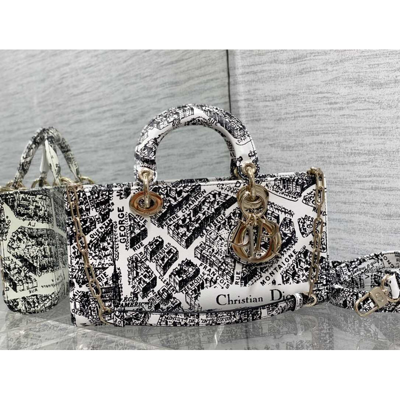 D*or medium lady d-joy bag full white and black plan de paris embroidery pattern