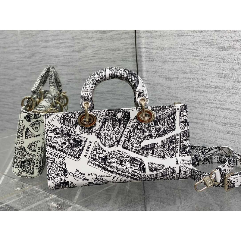 D*or medium lady d-joy bag full white and black plan de paris embroidery pattern